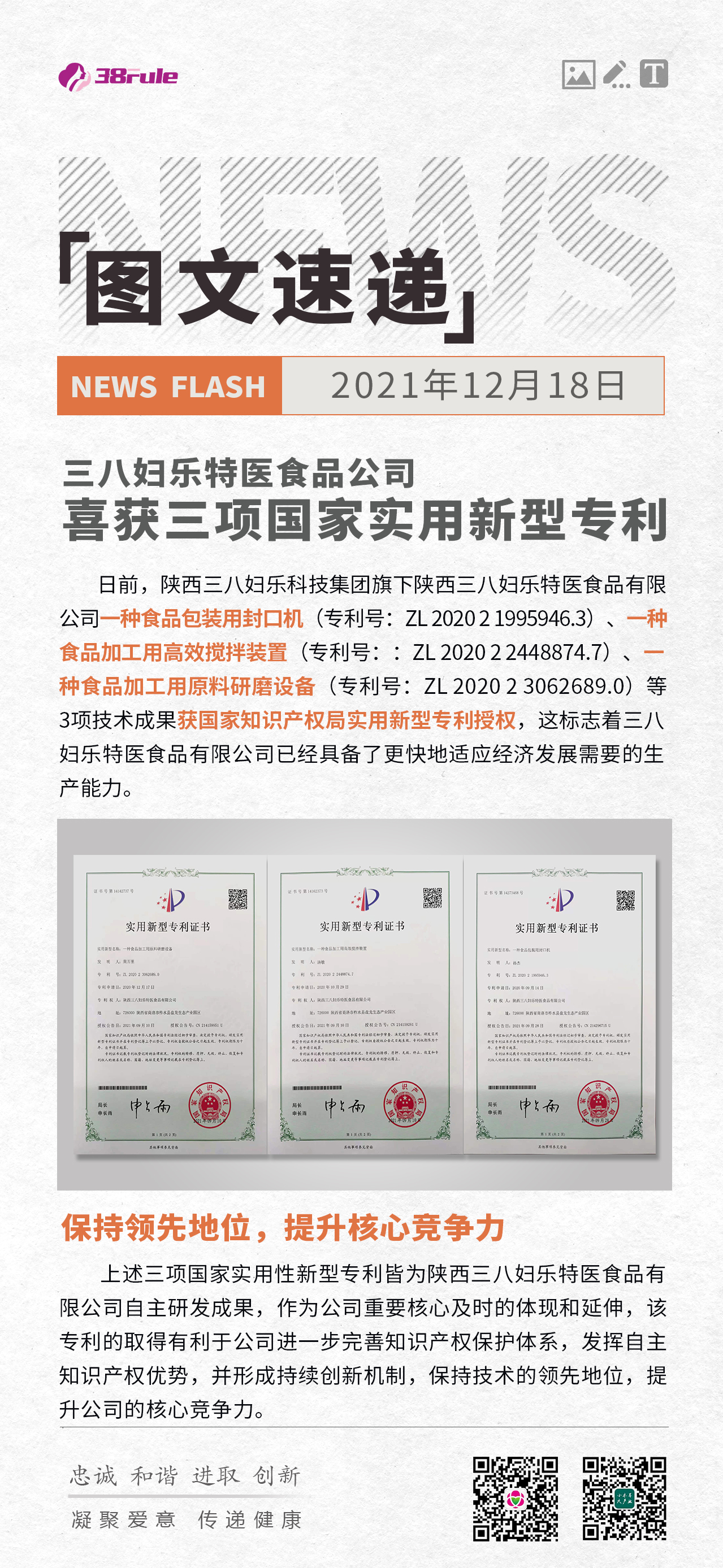 三八婦樂(lè)特醫(yī)食品公司喜獲三項(xiàng)國(guó)家實(shí)用新型專(zhuān)利