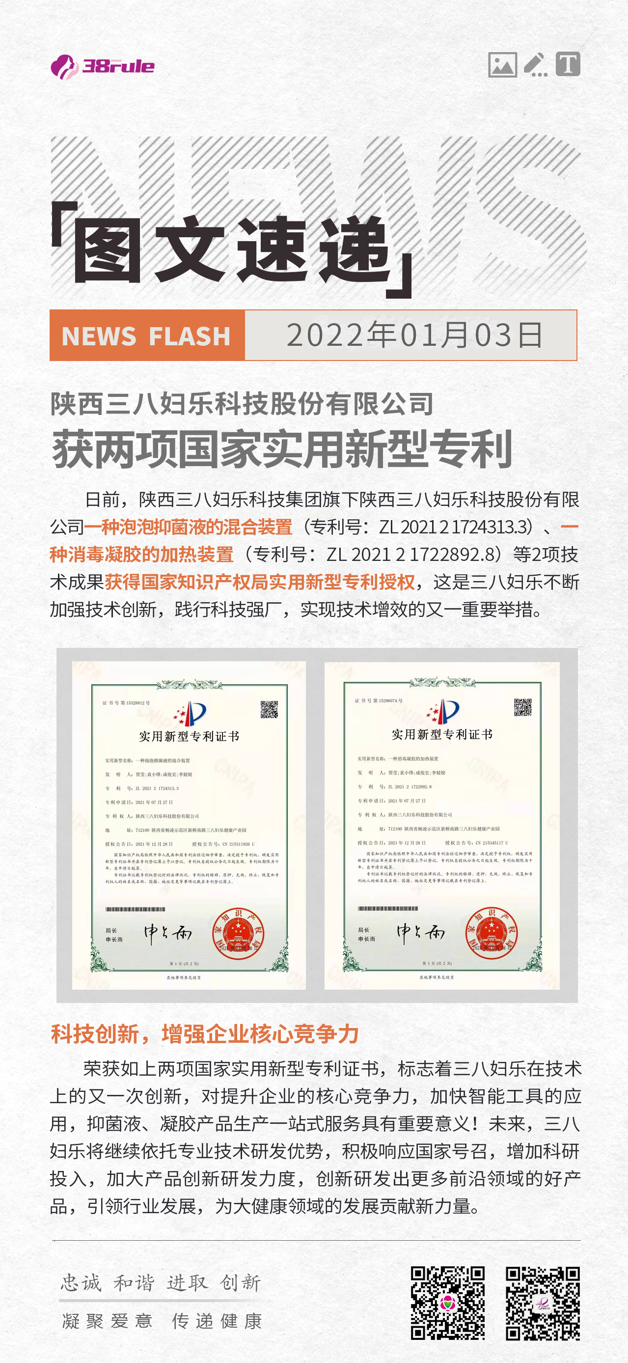 陜西三八婦樂(lè)科技股份有限公司獲兩項(xiàng)國(guó)家實(shí)用新型專(zhuān)利