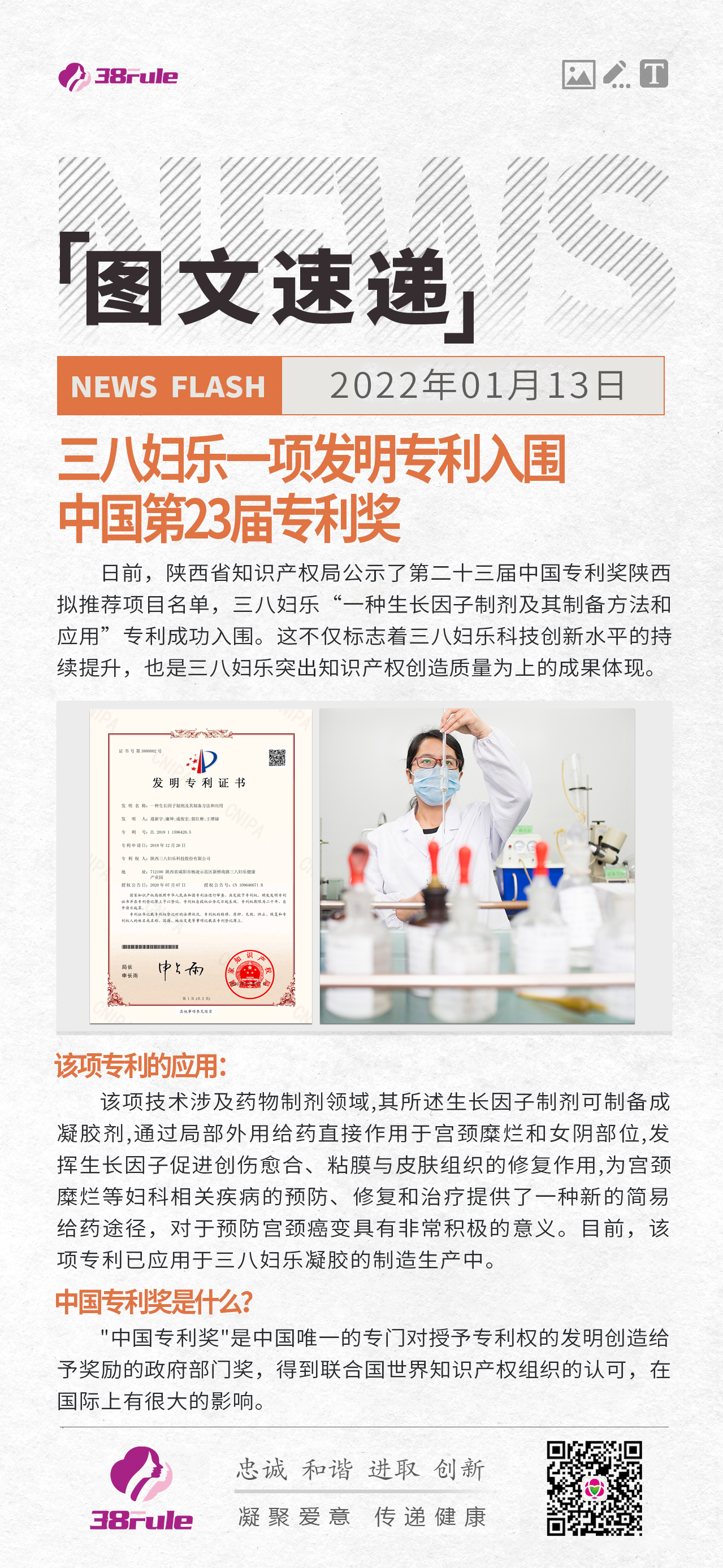 三八婦樂(lè)一項(xiàng)發(fā)明專(zhuān)利入圍中國(guó)第23屆專(zhuān)利獎(jiǎng)